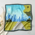 Detail of satin silk square scarf showing modern city skyline illustration and fine edges - New City View