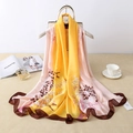 Elegant floral silk scarf with yellow pink gradient hanging on a stylish beige bag - 90*180cm / Yellow