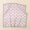 Flat lay of pink satin square scarf with grey polka dots and red butterfly detail - Large Polka Dot Butterfly Style-Gray Pink (58FJ32-13)