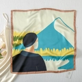 Detailed view of square silk scarf with artistic illustration and fine rolled edges - Alps Mountain