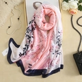 Pink floral silk-like long scarf with navy blue borders and elegant leaf print - 90*180cm / Pink