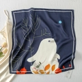 Close-up of silk-satin square scarf with rabbit and autumn leaf illustration - Cute Moon Rabbit
