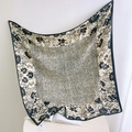 Floral print square silk scarf with vintage black borders and patterned center piece - Black
