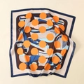 Detail of satin scarf featuring orange polka dots and nautical geometric patterns - Sailboat Dot Paisley Style-Navy (58FJ25-2)