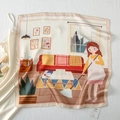 Detail of silk-satin square scarf with hand-drawn cleaning girl illustration - Dustless Clean