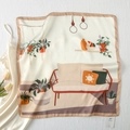 Detail of satin square scarf with Nordic home illustration and golden champagne border - Home Sweet Home
