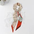 Detail of floral chain pattern on narrow faux silk scarf with elegant bias-cut ends - Long Buckle - Light Khaki