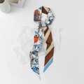 Close-up of floral skinny silk scarf with double-sided art print and striped pattern - Sketch Urban - Light Blue