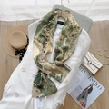 Detailed view of ink painting silk scarf with pearl accents and clover charms - 17*150cm / Qingming Scroll Pattern