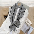 Elegant French style silk scarf with black white stripes and decorative pearl chain - Black