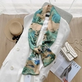 Detail showing elegant mountain print silk scarf with luxury pearl and metal chain accents - 17*150cm / Antique Landscape (13*150cm)