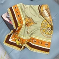 Silk-textured square scarf with orange equestrian pattern and metal chain prints - Khaki