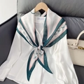Elegant thin silk scarf with diamond pattern styled as a shawl on a white shirt - Dark Green