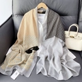 Elegant cotton linen scarf with geometric grid patterns styled on a white shirt - 180x85 / Gray