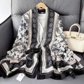 Close-up of geometric ethnic pattern on lightweight cotton-linen feel shawl fabric - 180x85cm / Black (LM217-3)
