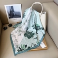 Elegant floral silk square scarf with green tropical prints draped on a white leather handbag - 70*70cm / Blue Gray Border