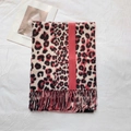 Detail of leopard print scarf with red stripe and soft pink fringe on white fabric - Dark Pink (P11)