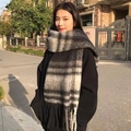 Thick mohair checkered scarf with long tassels in a classic black and white plaid design - 230x40cm / Black and Gray