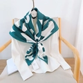 Elegant black and white camellia silk scarf on a white blouse with a flower buckle - Cyan / 90*90cm