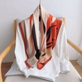 Silk-textured square scarf with abstract orange and beige patterns on white shirt - 90cmx90cm / Orange Red