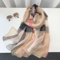 Macro detail of breathable beige plaid scarf with translucent chiffon fabric texture - Classic Plaid Style (YRS177)