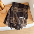 Classic dark brown and camel plaid scarf with soft cashmere-like texture and fringe edges - Brown