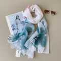Elegant large white silk scarf with lotus print and breathable sun protection fabric - White with Green Lotus Style