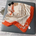 Orange and beige square silk scarf with classic horse harness patterns and frayed edges - 130x130cm / Red