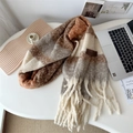 Plaid winter scarf in brown and beige with thick tassels and leather label detail - Plaid Khaki