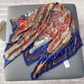 Exotic totem print oversized scarf in navy and orange with frayed edges - 130x130cm / Blue