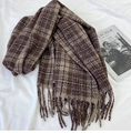 Close-up of thick knit brown plaid scarf with fringe tassels on white textured background - 60*180 / Coffee (A160)