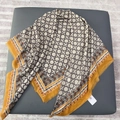 Minimalist beige linen cotton scarf with yellow border and brown geometric patterns - Yellow