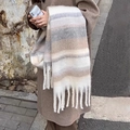 Winter striped scarf in white, grey and coffee shades with tassels for a warm look - Striped Khaki