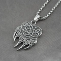 Retro stainless steel bear claw pendant necklace with Celtic knot patterns on box chain - Pendant + Matching Chain
