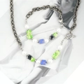 Vintage industrial necklace and bracelet set with silver chains, pearls and marble beads - Necklace and Bracelet Set