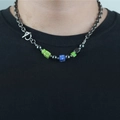 Ethnic style beaded necklace with silver chain and OT clasp on black tshirt background - Single Necklace