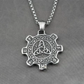 Vintage stainless steel gear pendant necklace with Viking runes and Triquetra symbol - Pendant With Chain (c1415)