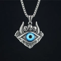 Gothic punk devil eye necklace with blue eyeball and silver wings on black background - Pendant + Matching Chain
