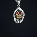 Gothic punk Viking skull pendant in silver and gold steel with red rhinestone eyes - Pendant + Matching Chain