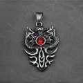 Hip-hop style silver double dragon pendant with red crystal on grey textured background - Red Rhinestone Pendant Only (Without Chain)