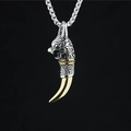 Vintage wolf head pendant necklace with golden fang on a silver box chain for men - Pendant With Pearl Chain