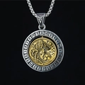 Retro viking wolf head spinning pendant necklace in stainless steel with nordic runes - Pendant With Chain