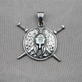 Vintage stainless steel Spartan helmet pendant with sword and shield on grey fabric - Pendant Only (No Chain)