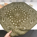 Détail du foulard carré en soie vert olive avec motif paisley et texture douce - 68CM / Vert