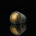 Vintage oxidized titanium steel ring with gold hammered dome and woven silver details - US 6 / Gold and Silver Two-tone