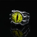 Gothic punk dragon claw ring in silver finish with yellow-green evil eye stone inlay - Yellow Eye (c3071)