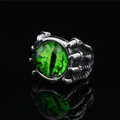 Gothic punk dragon claw ring featuring a mystical green devil eye in silver finish - Green Eye (c3071)
