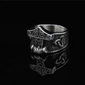 Retro Viking stainless steel anchor ring for men with Mjolnir and Celtic knot details - US 8 / Antique Silver