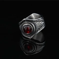 Vintage gothic titanium steel men's ring with a prominent round red gemstone inlay - US 8 / Silver Band Red Gemstone