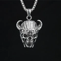 Gotischer Stierhorn-Totenkopf-Anhänger aus poliertem Edelstahl mit robuster Gliederkette - Anhänger + Passende Kette